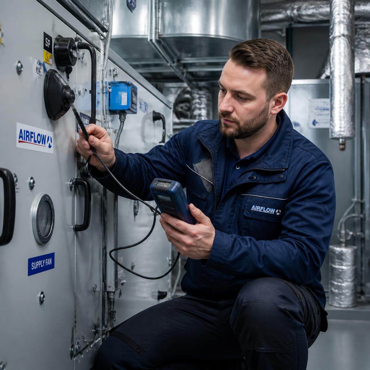 Technicien CVC contrôlant une centrale de traitement d'air en local technique