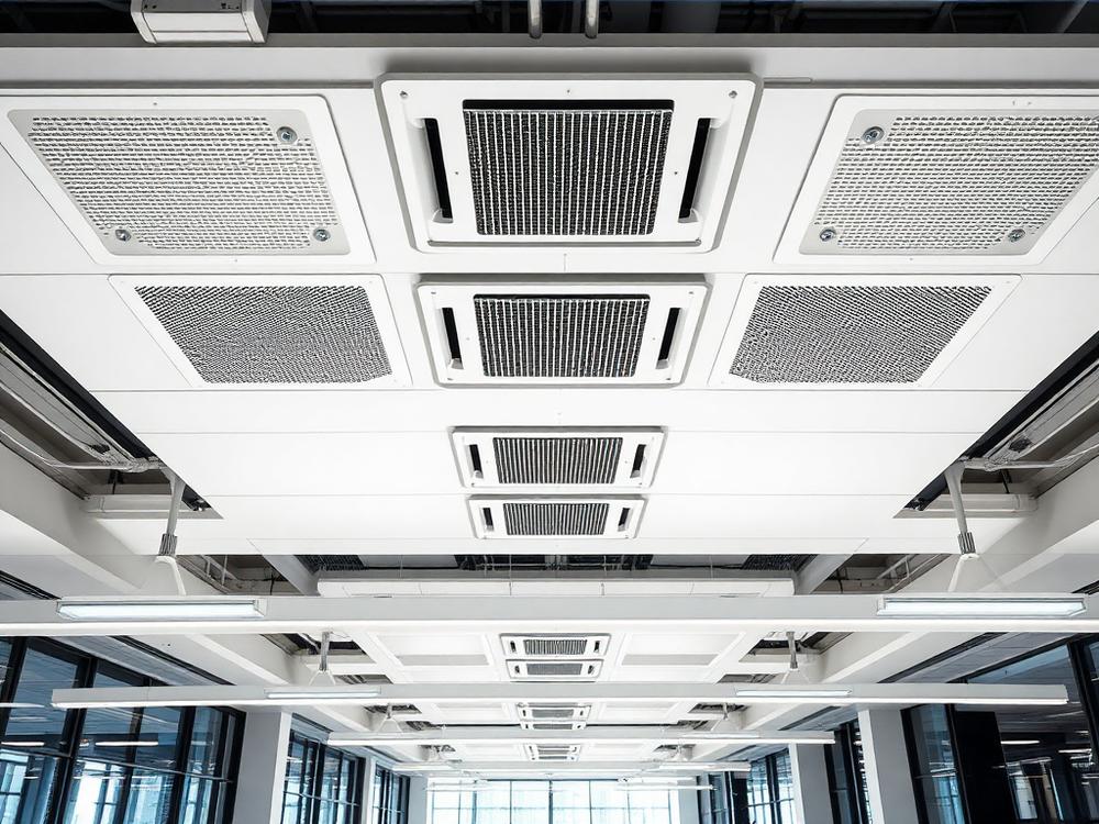 Plafond de bureaux équipé de cassettes de climatisation et de grilles de ventilation